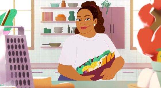 Cartoon illustration of Sunny Anderson cooking