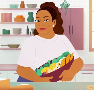 Cartoon illustration of Sunny Anderson cooking